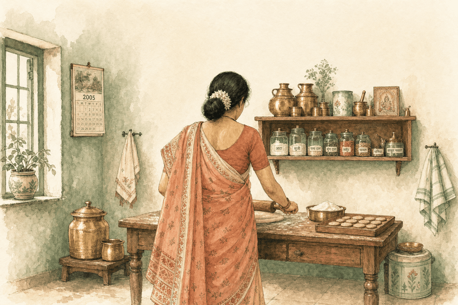 A watercolour of a home kitchen in 2005 — a woman in a saree rolling dough at a wooden table