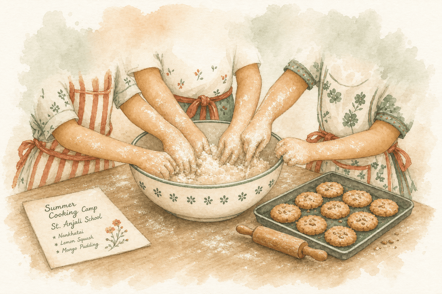 A watercolour of three children's hands clustered around a mixing bowl at a school summer camp