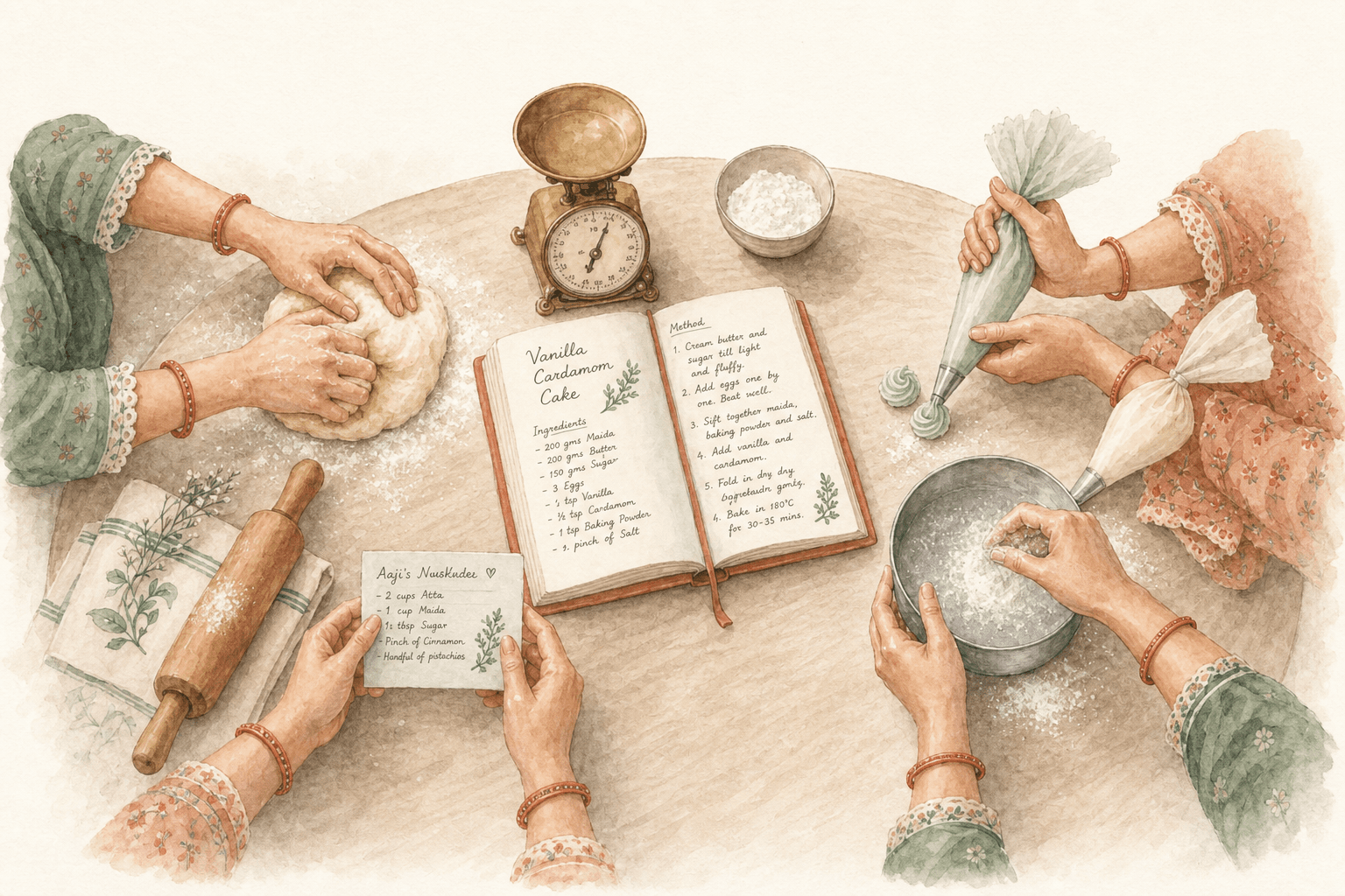 A watercolour of women's hands working at a round dining table set up as a teaching counter