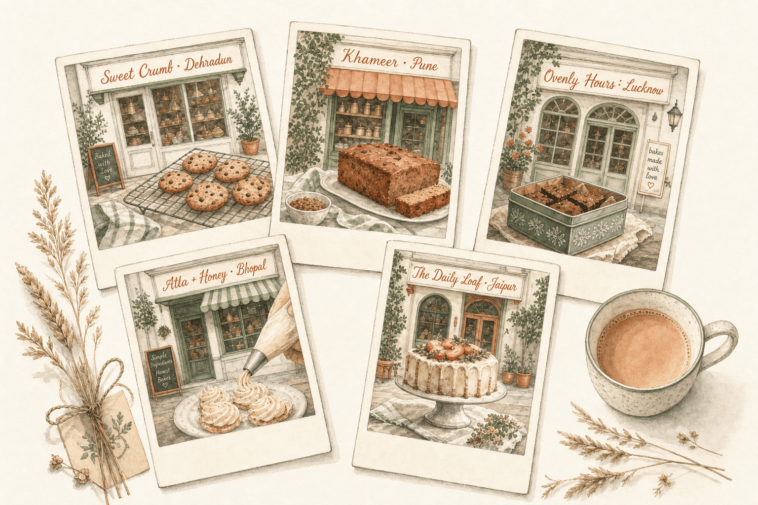 A watercolour flat-lay of five home-bakery scenes arranged like polaroids on a cream surface