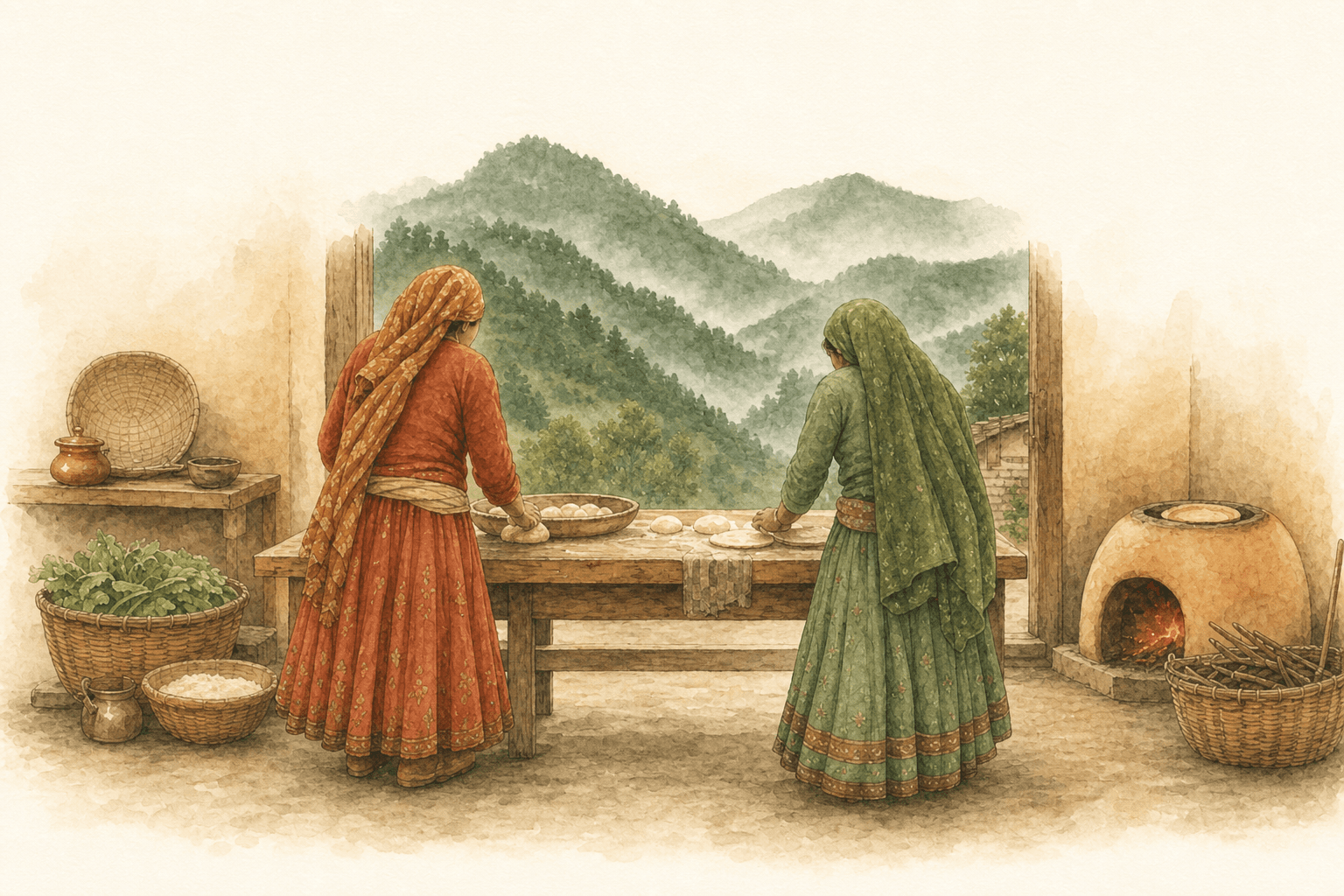 A watercolour of two women in traditional attire shaping dough together in a community kitchen