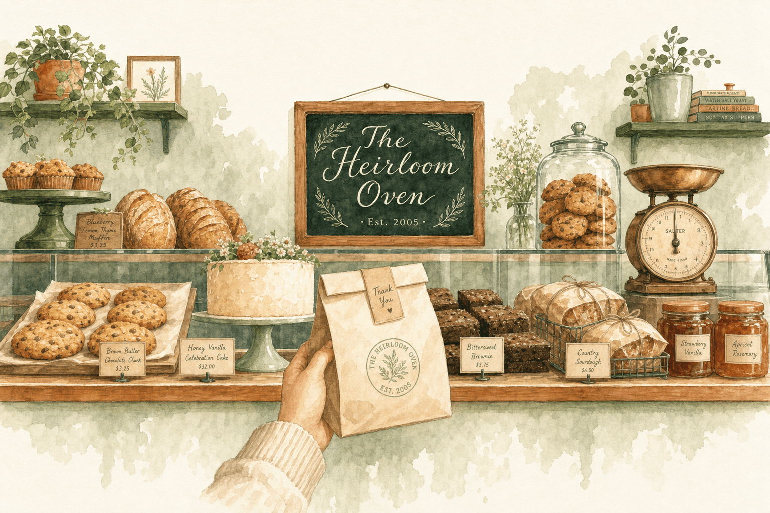 A watercolour of The Heirloom Oven bakery counter — a hand offering a paper bag across a glass case