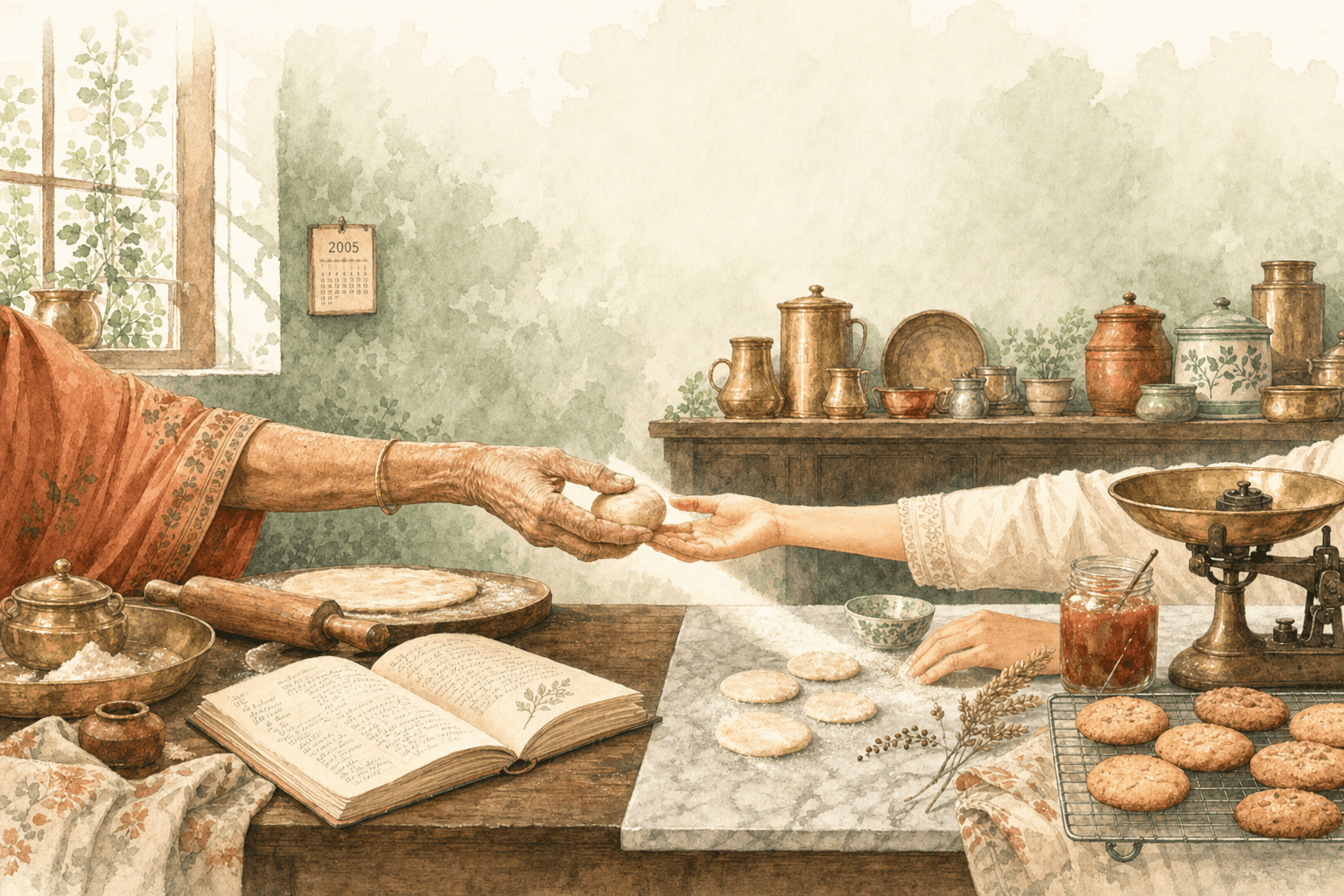 Watercolour panorama — an older weathered hand passes a small ball of dough to a younger hand across a sunlit kitchen counter, a 2005 calendar on the wall, brass utensils and a recipe book scattered along the wood