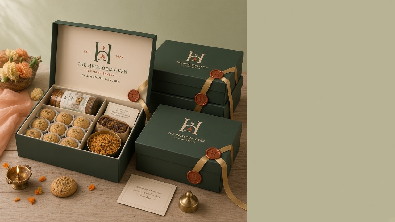 Open Heirloom Oven tasting box on a wooden desk beside stacked forest-green gift boxes, a handwritten card and a diya