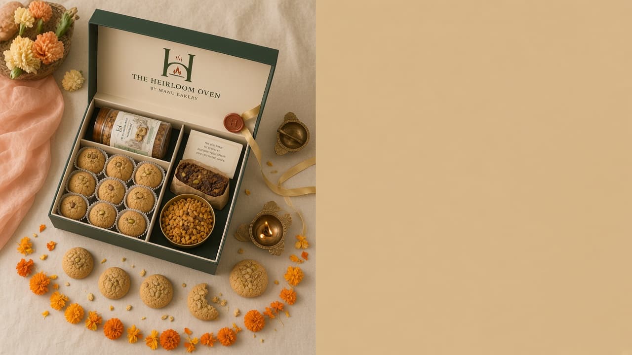 Overhead view of an open forest-green Heirloom Oven box: nankhatai in paper cups, a cookie jar, fruit cake, namkeen, and a handwritten card