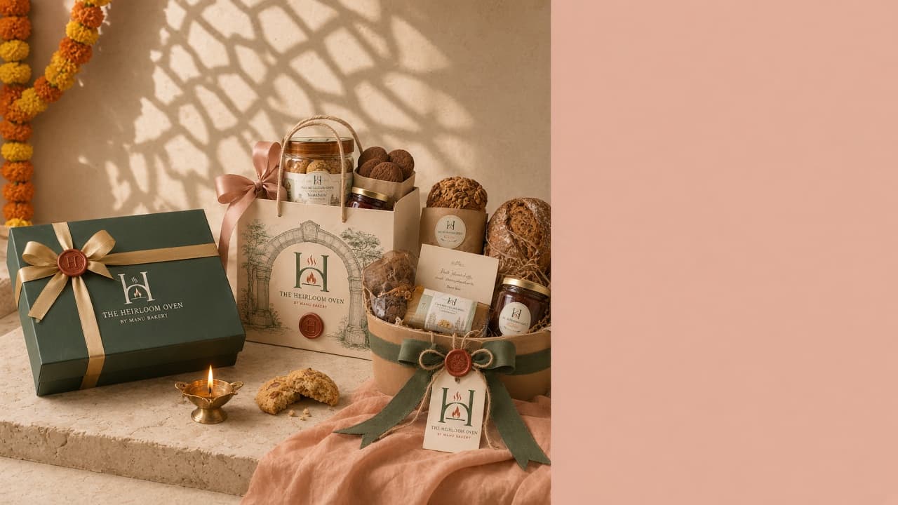 Forest-green Heirloom Oven box with gold ribbon beside a printed bag and kraft basket, a lit diya on the step