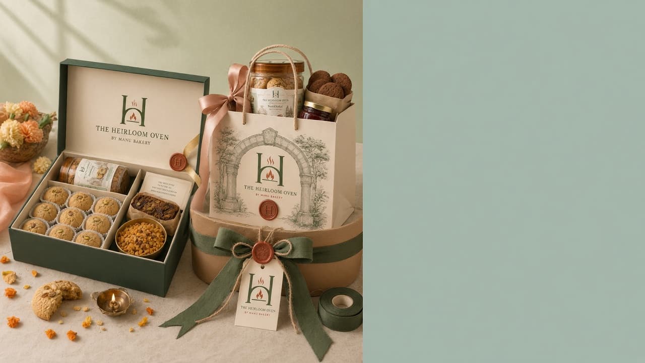 Heirloom Oven box, printed bag and kraft basket tied with green ribbon and a wax-sealed tag
